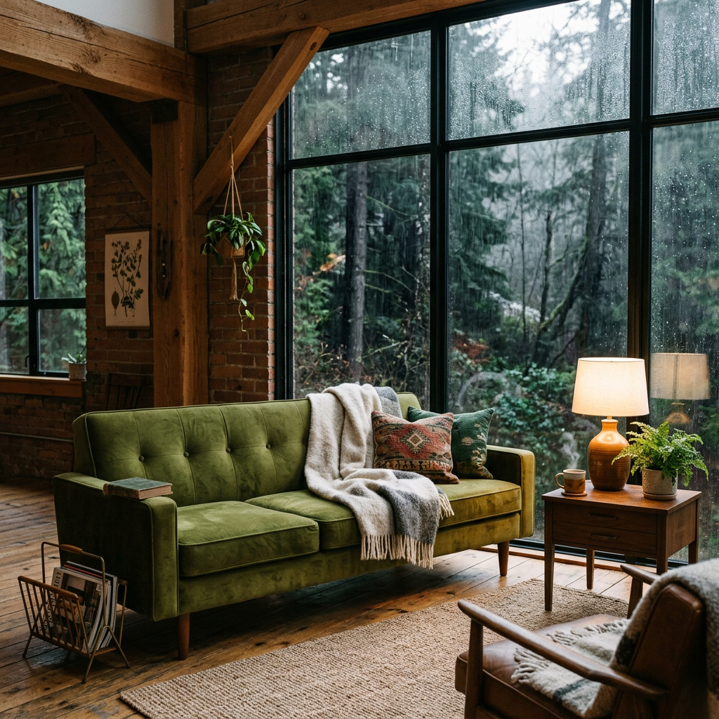 Cozy living room with green sofa, wooden side table, lamp, and large rainy forest windows